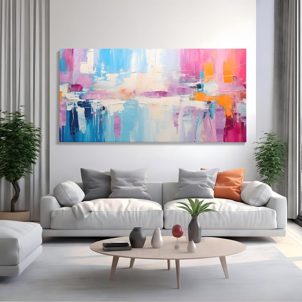 Tablou canvas cu pictura abstracta orizontala in nuante vibrante, fara rama, pe sasiu de lemn, pe perete intr-un living